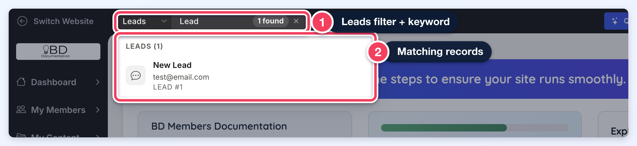 Leads filter with the keyword Lead and one matching lead