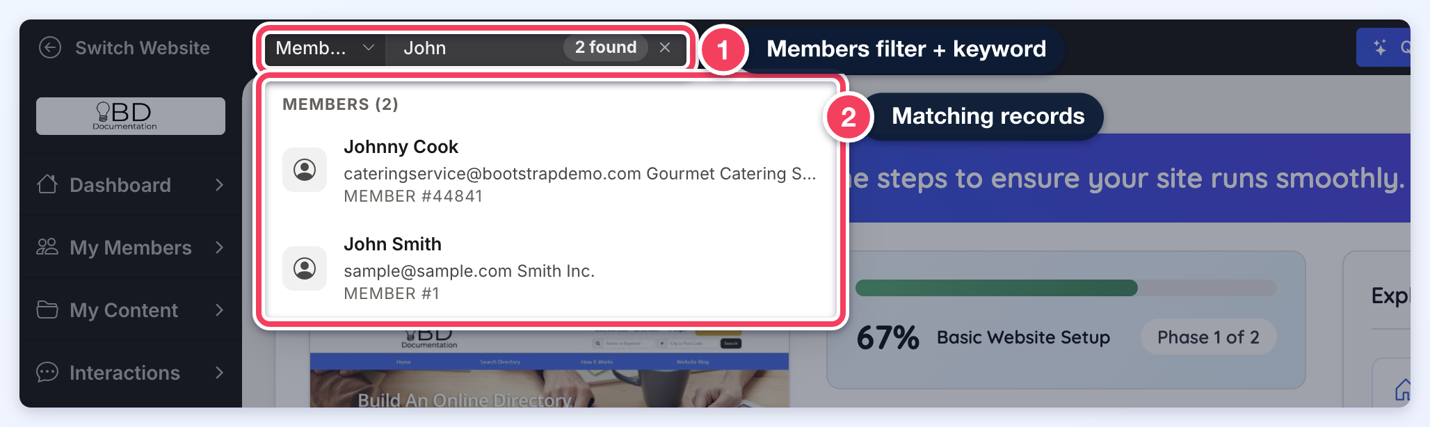 Members filter with the keyword John and two matching members