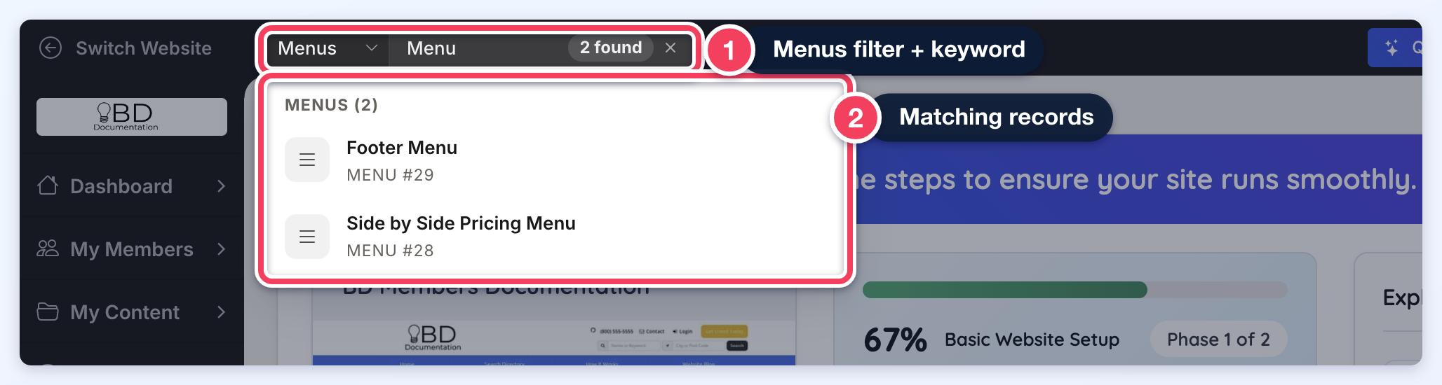Menus filter with the keyword Menu and two matching menus