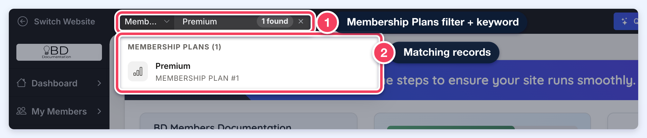 Membership Plans filter with the keyword Premium and one matching plan