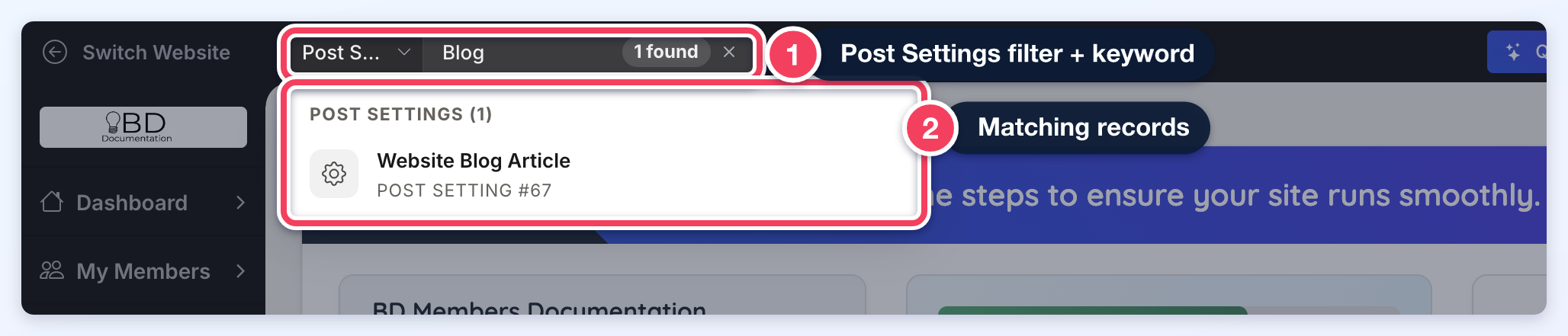 Post Settings filter with the keyword Blog and one matching post type