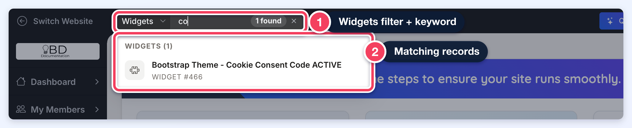 Universal Search set to the Widgets filter with the keyword co (1) and the one matching custom widget, Bootstrap Theme - Cookie Consent Code (2).