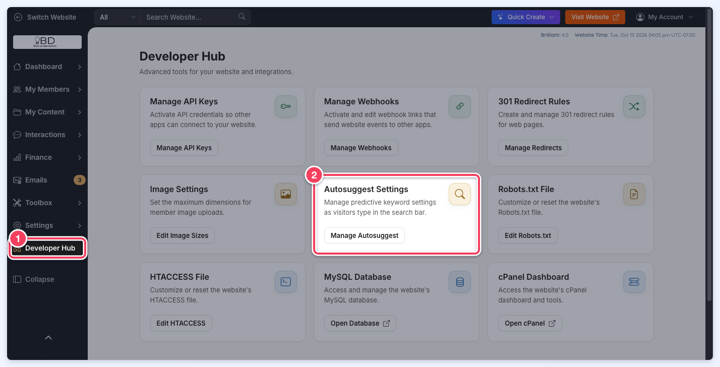 The Developer Hub page with the Developer Hub menu item marked 1 and the Autosuggest Settings card and its Manage Autosuggest button marked 2.