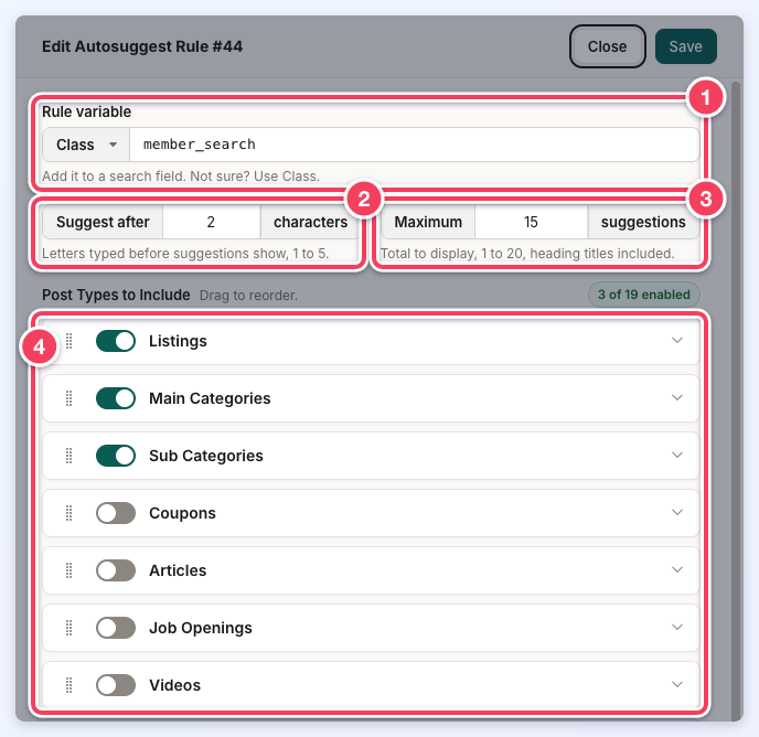 The Edit Autosuggest Rule #44 panel with the Rule variable, Suggest after, Maximum and Post Types to Include settings numbered 1 to 4.