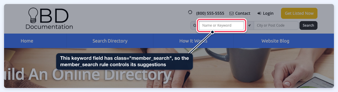 The website header's Name or Keyword search field, with a note that its member_search class ties it to the member_search rule.
