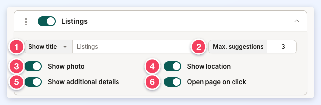 The Listings post type opened inside a rule, with its six settings numbered: Show title and heading title, Max. suggestions, Show photo, Show location, Show additional details and Open page on click.