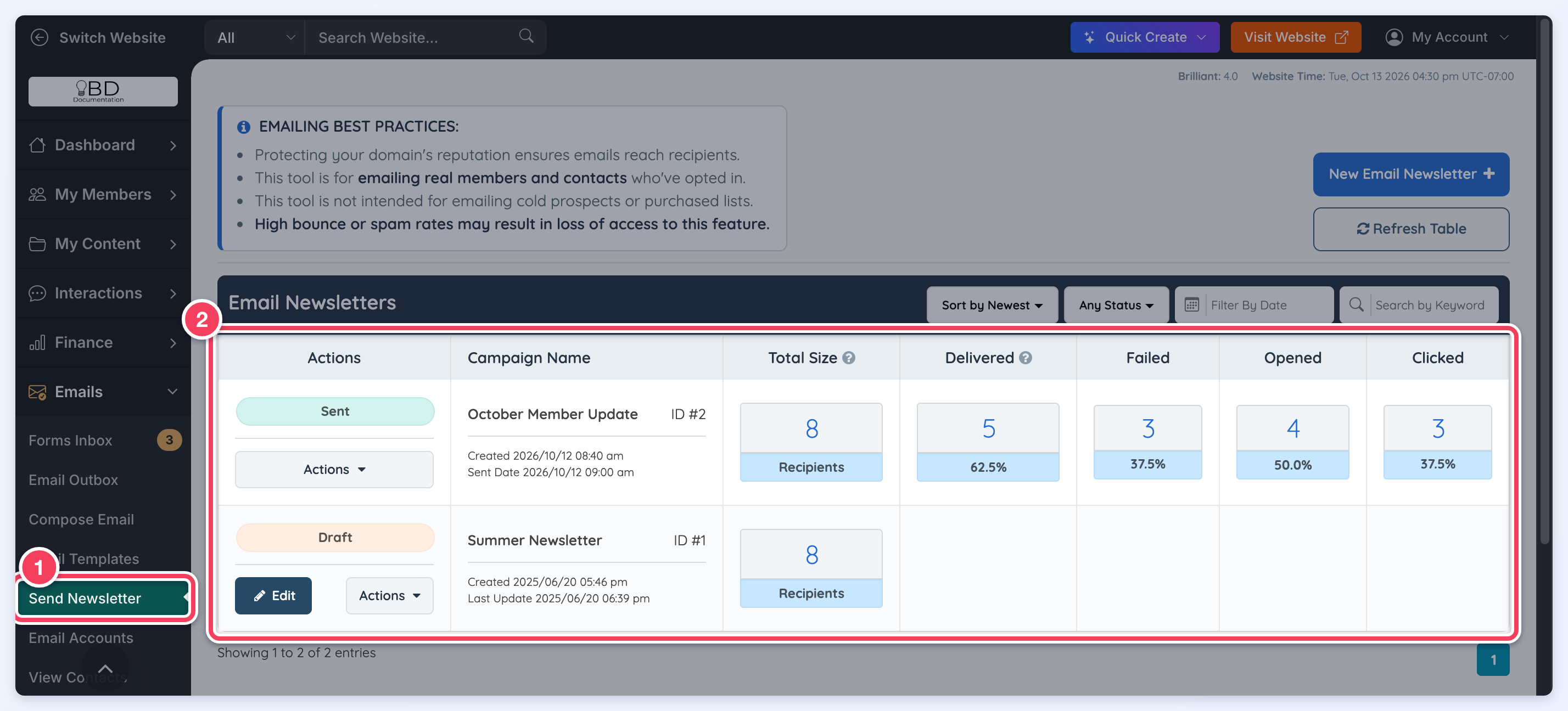The Send Newsletter page under Emails in the admin menu, with the Email Newsletters table listing a sent and a draft campaign.