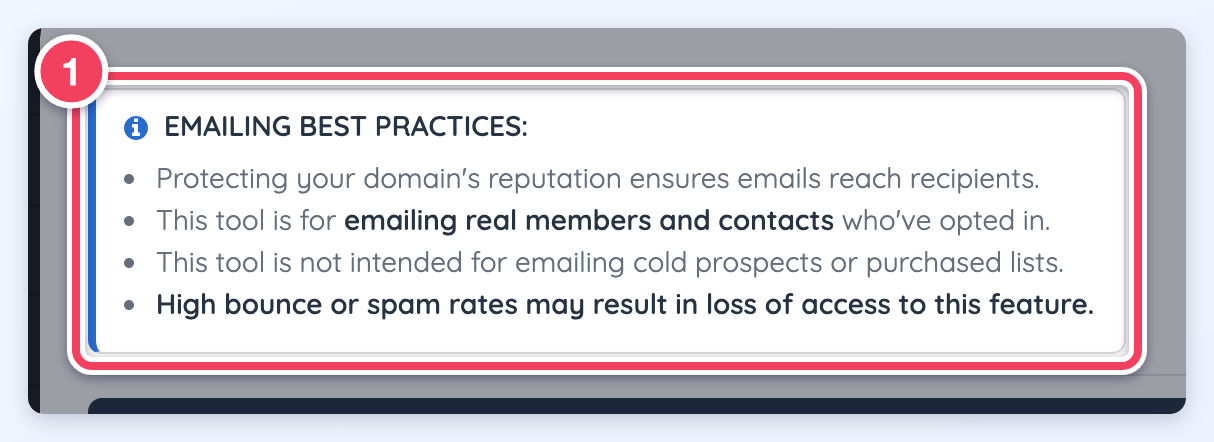 The Emailing Best Practices notice at the top of the Send Newsletter page.
