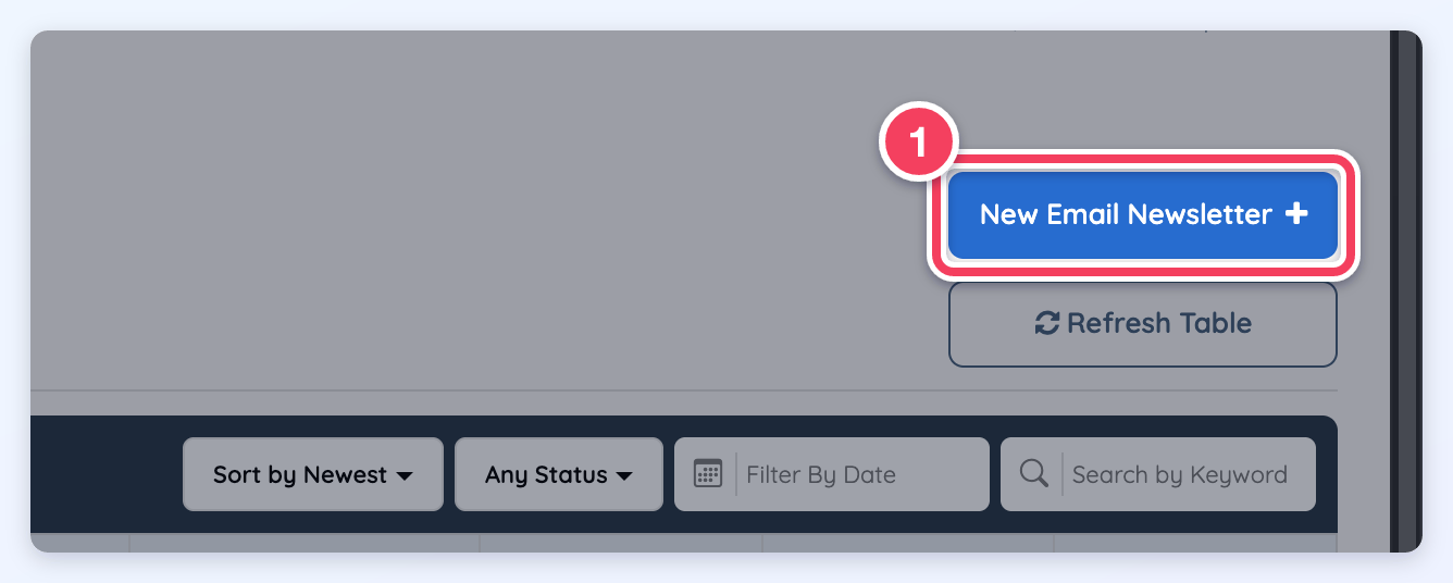 The New Email Newsletter button at the top right of the Send Newsletter page.