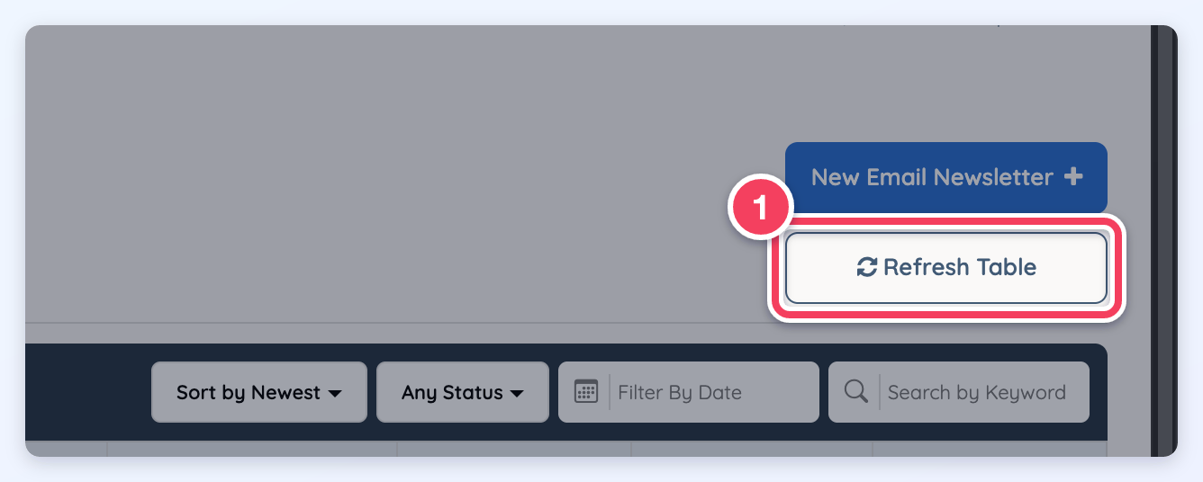 The Refresh Table button below the New Email Newsletter button.