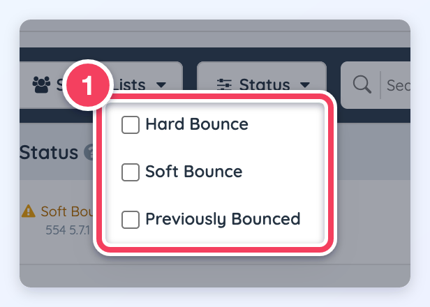 The Status filter on the Failed statistics screen with Hard Bounce, Soft Bounce and Previously Bounced options.