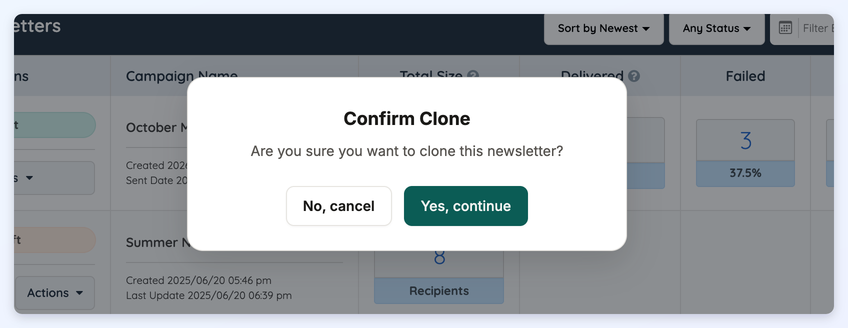 The Confirm Clone popup asking whether to clone the newsletter, with Yes, continue and No, cancel buttons.