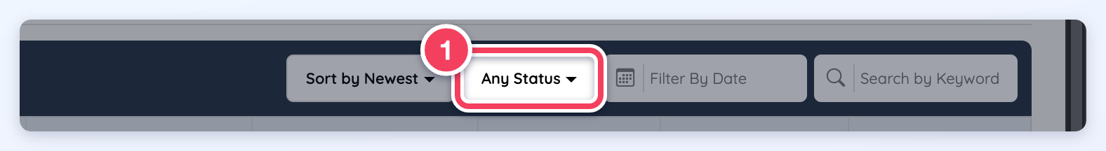 The Any Status dropdown in the Email Newsletters toolbar.