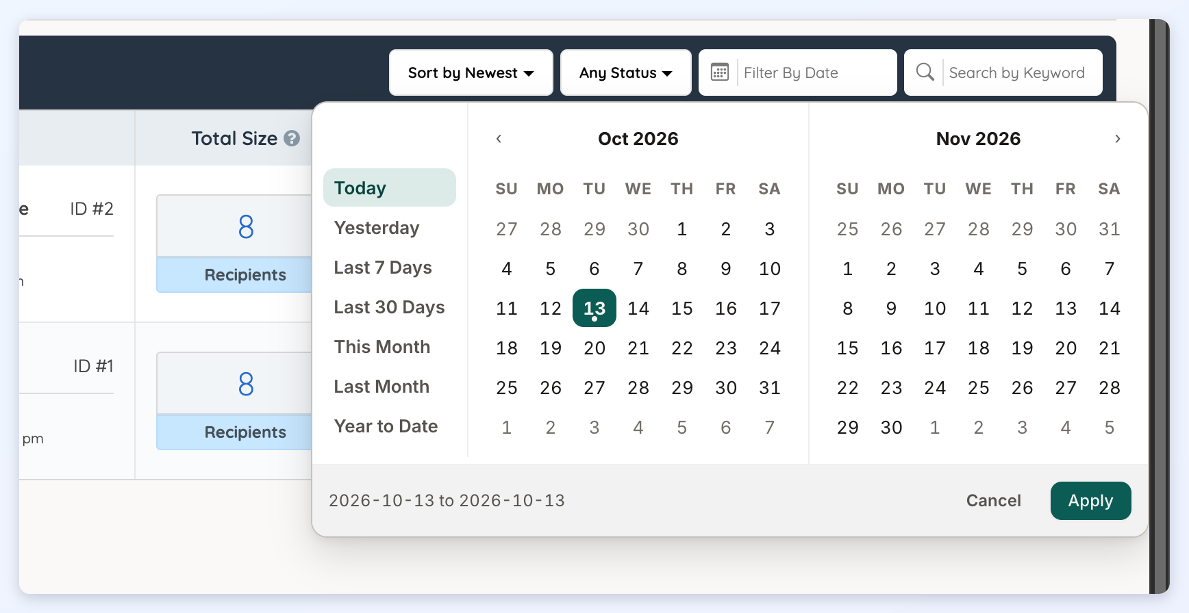 The Filter By Date calendar open with preset ranges such as Today, Yesterday and Last 7 Days.