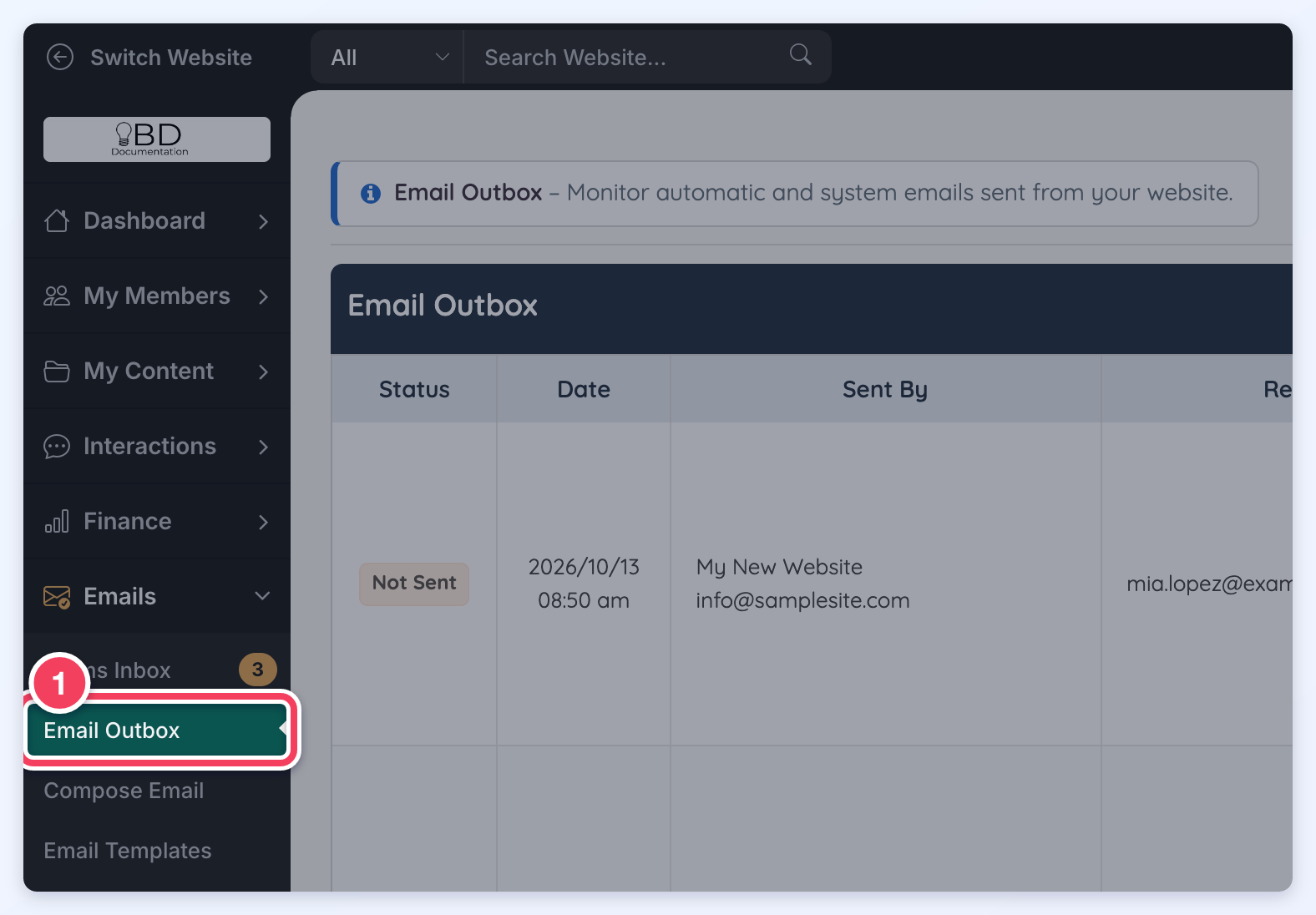 The Email Outbox link under Emails in the admin menu, next to the Email Outbox page.