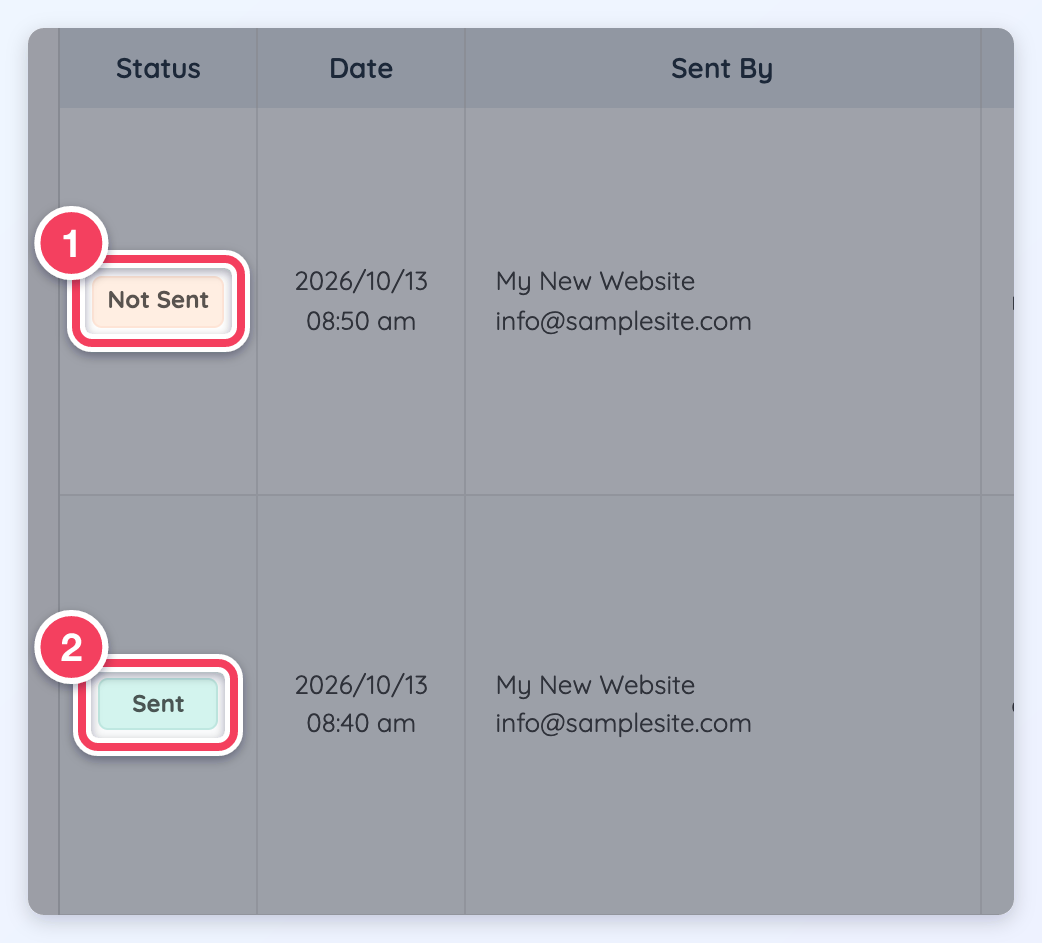 The Status column of the Email Outbox with a Not Sent label and a Sent label.