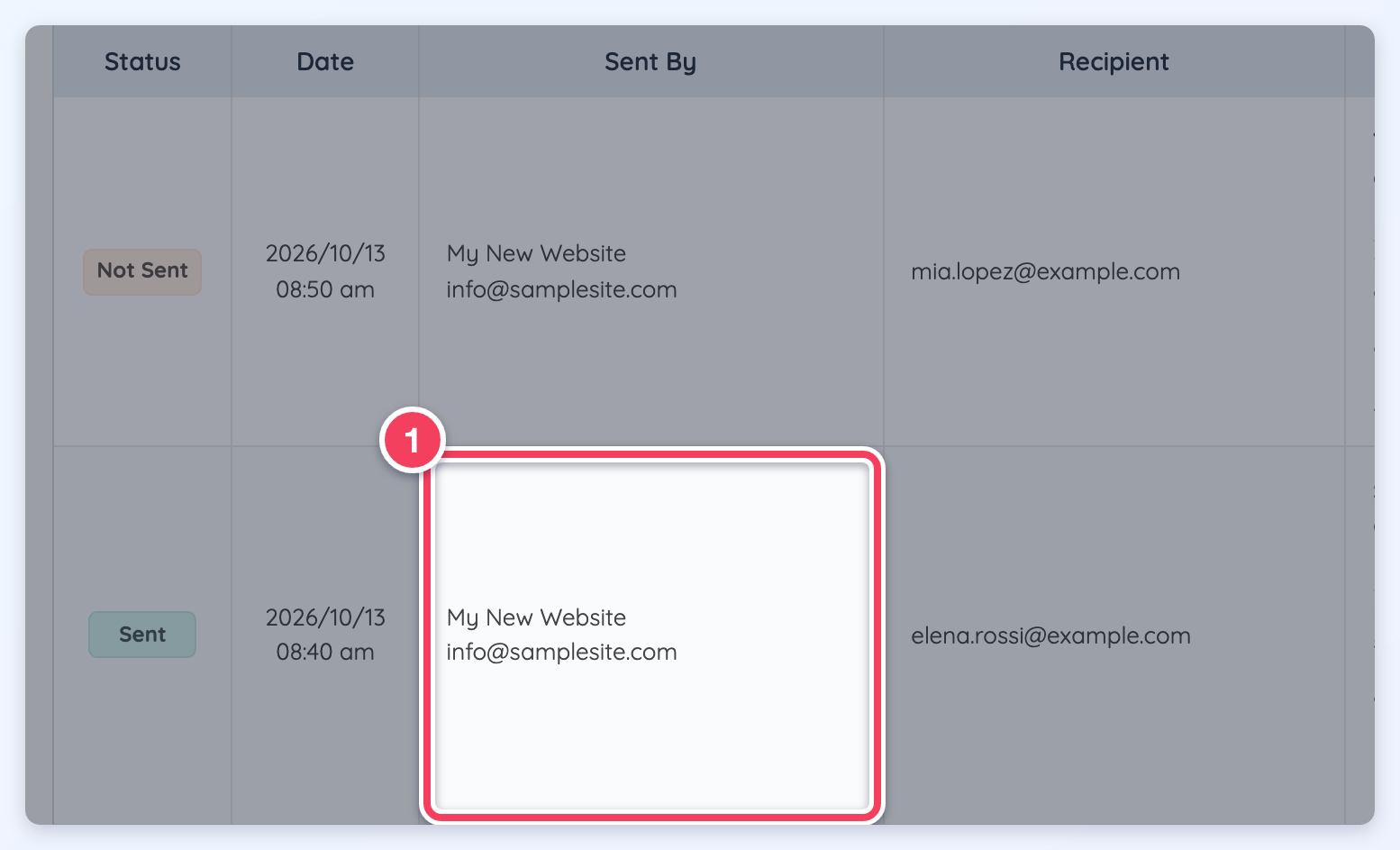 The Sent By column of the Email Outbox showing the sender name and address.
