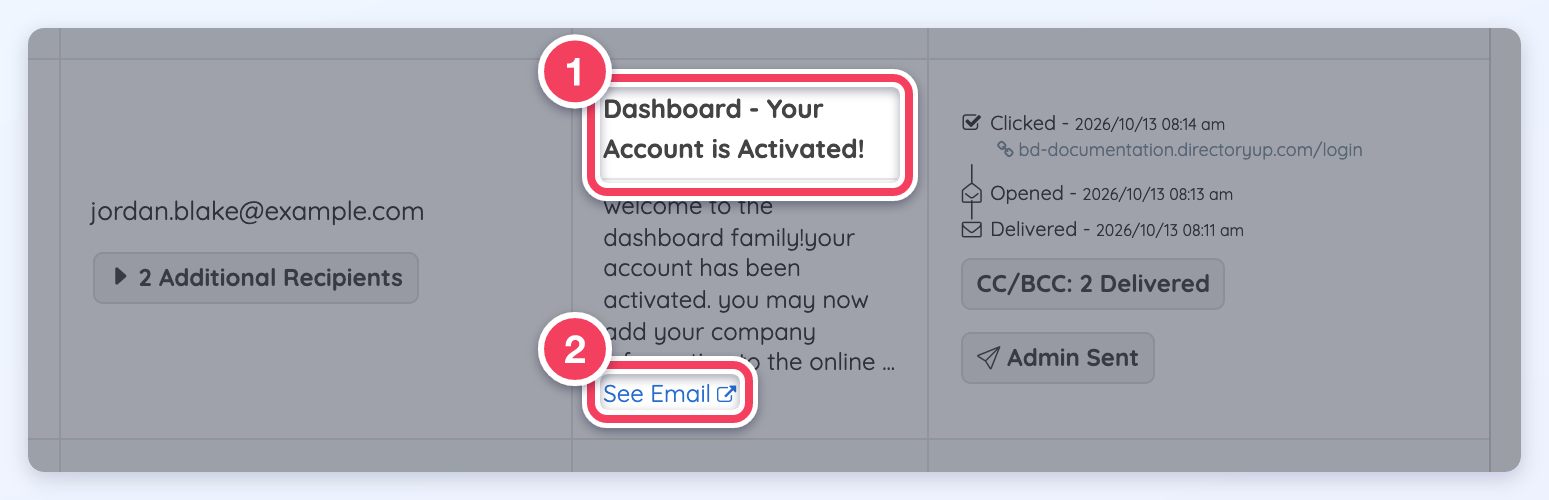 The Email Content column showing the email subject and the See Email link.