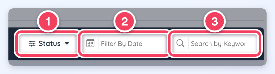 The Email Outbox toolbar with the Status filter, Filter By Date field and Search by Keyword field marked 1 to 3.