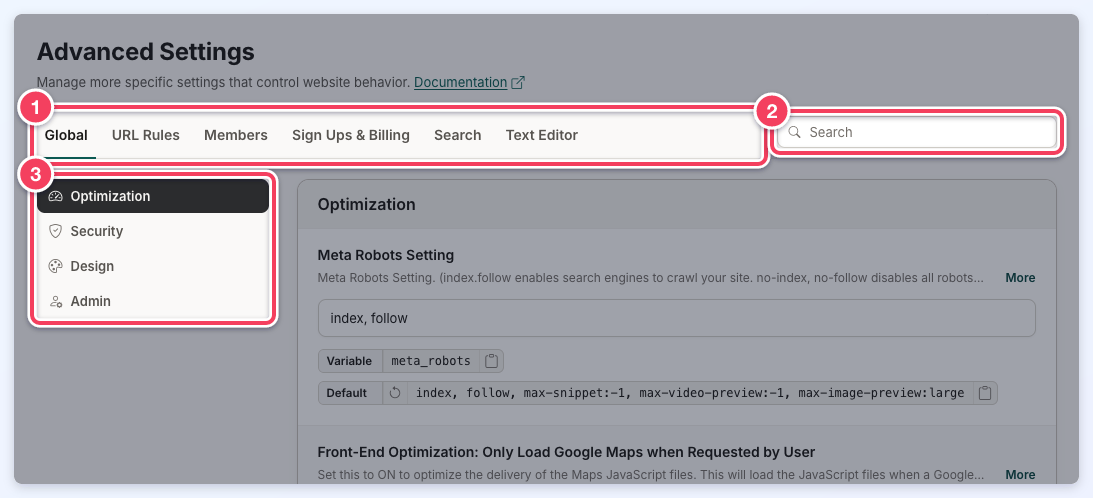 Advanced Settings in Admin Mode with the six group tabs (1), the Search box (2) and the Global tab's section list (3).