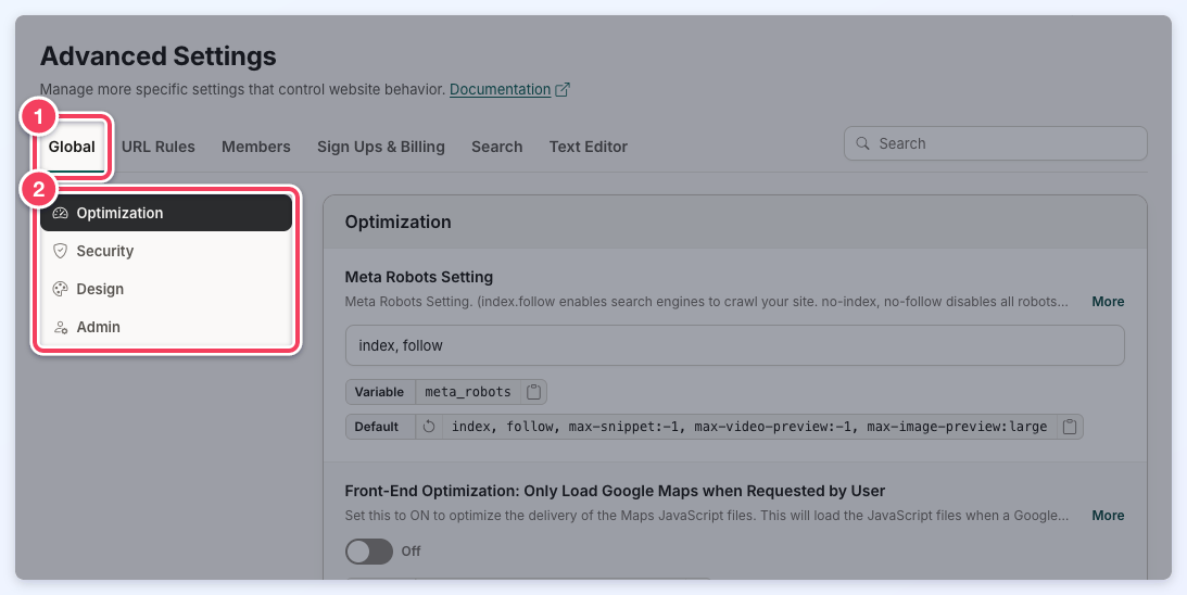 The Global tab selected (1) with its sections Optimization, Security, Design and Admin in the section list (2).