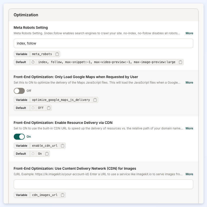 The top of the Optimization section, showing Meta Robots Setting and the first Front-End Optimization switches with their Variable and Default chips.