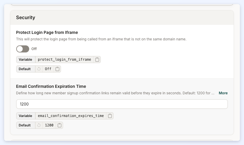 The Global Security section with Protect Login Page from Iframe and Email Confirmation Expiration Time.