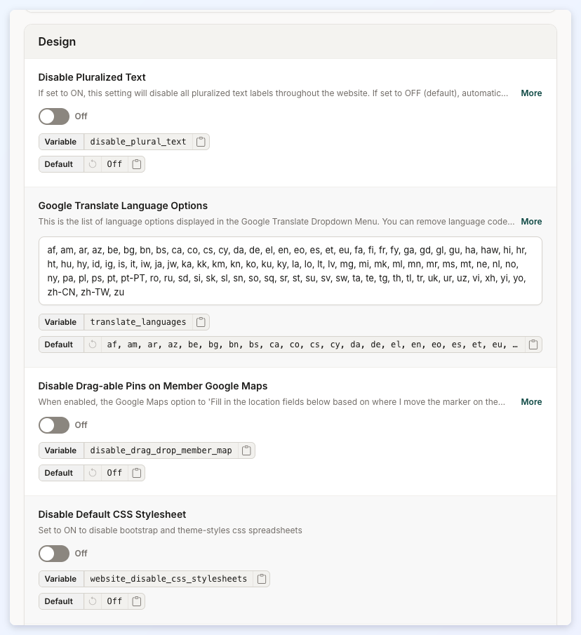 The top of the Design section of the Global tab.