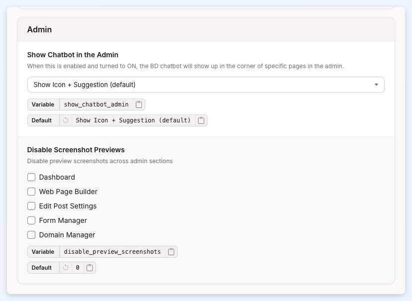 The Admin section of the Global tab with Show Chatbot in the Admin and Disable Screenshot Previews.