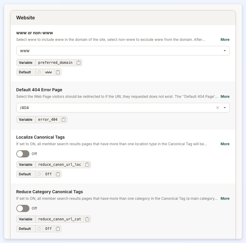 The top of the Website section of URL Rules, starting with www or non-www and Default 404 Error Page.