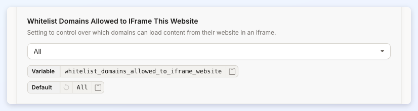 The Whitelist Domains Allowed to IFrame This Website setting set to All.
