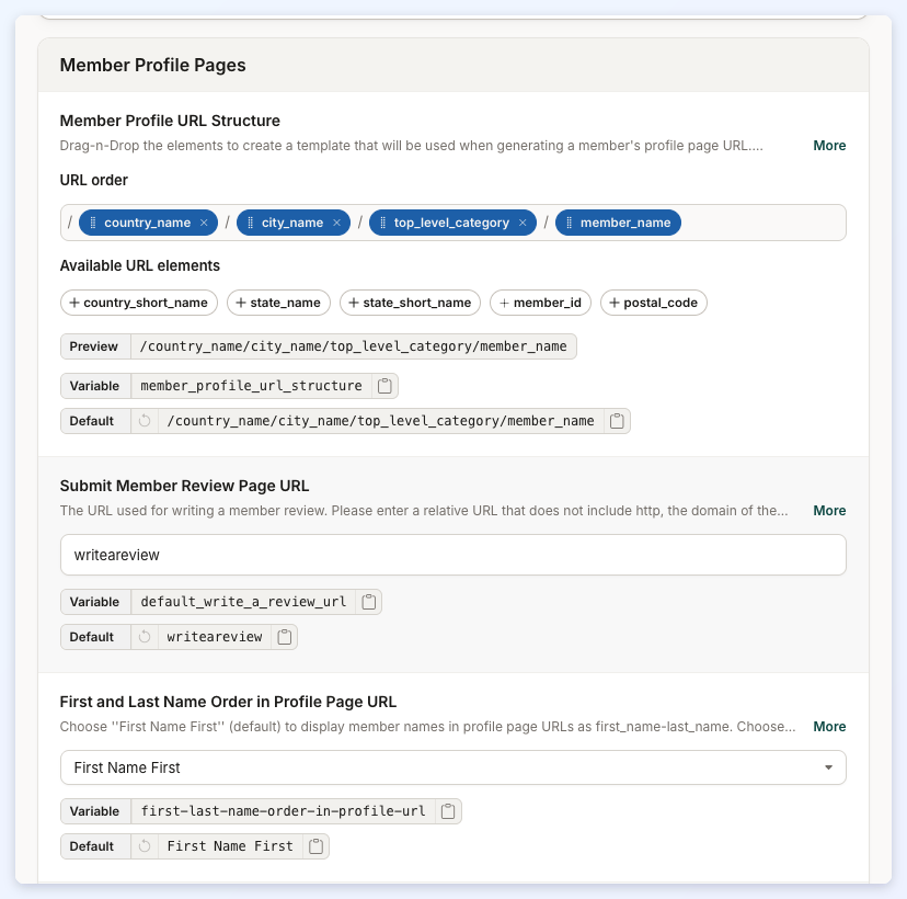 The top of the Member Profile Pages section, showing the Member Profile URL Structure order builder.