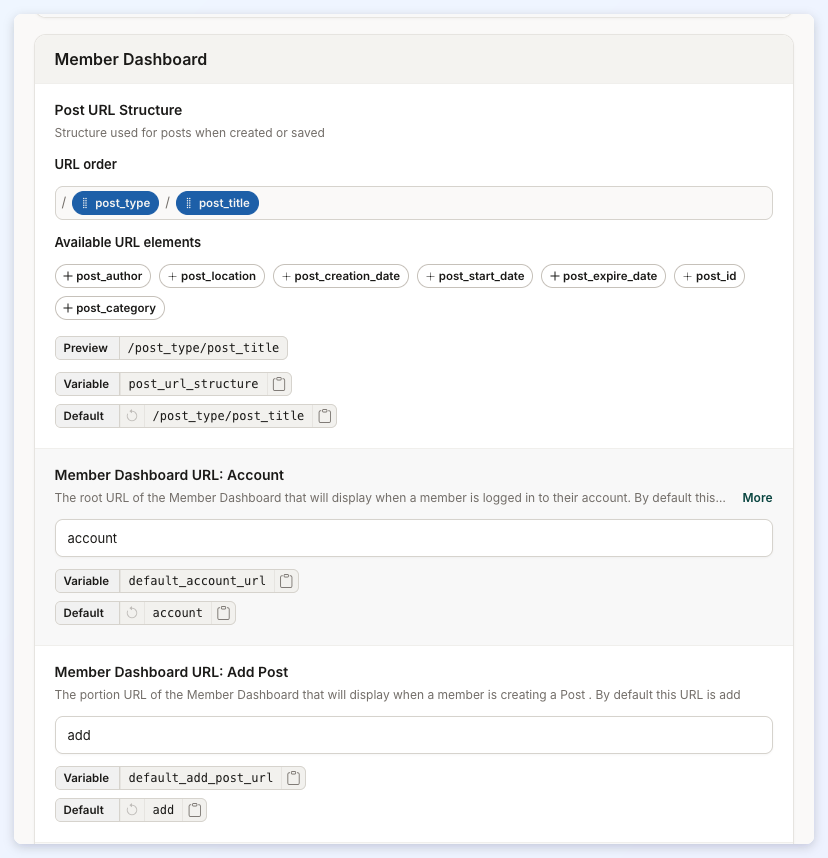 The top of the Member Dashboard section of URL Rules.