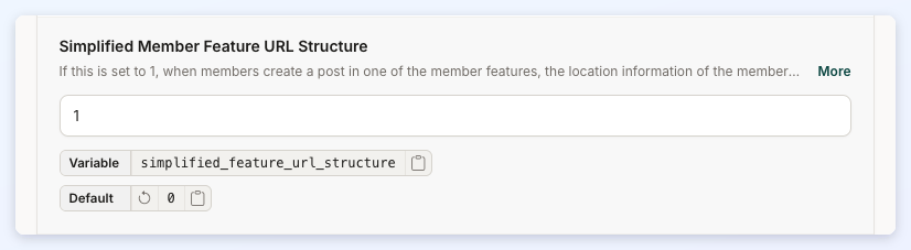The Simplified Member Feature URL Structure setting with its value field and Variable and Default chips.