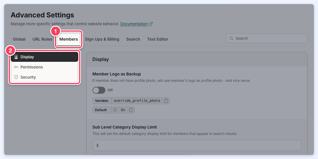 The Members tab selected (1) with its sections Display, Permissions and Security (2).