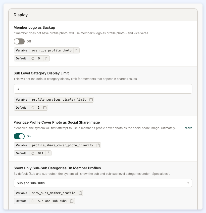 The top of the Display section of the Members tab, starting with Member Logo as Backup.