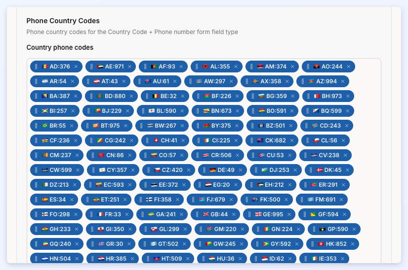 The top of the Phone Country Codes setting, showing its list of country phone codes.