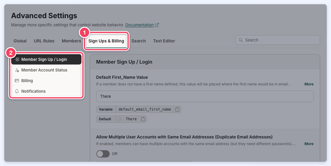 The Sign Ups & Billing tab selected (1) with its sections Member Sign Up / Login, Member Account Status, Billing and Notifications (2).