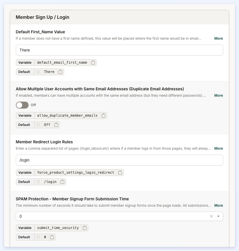 The top of the Member Sign Up / Login section.