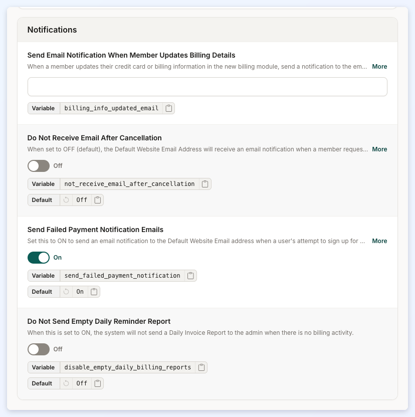 The top of the Notifications section of the Sign Ups & Billing tab.