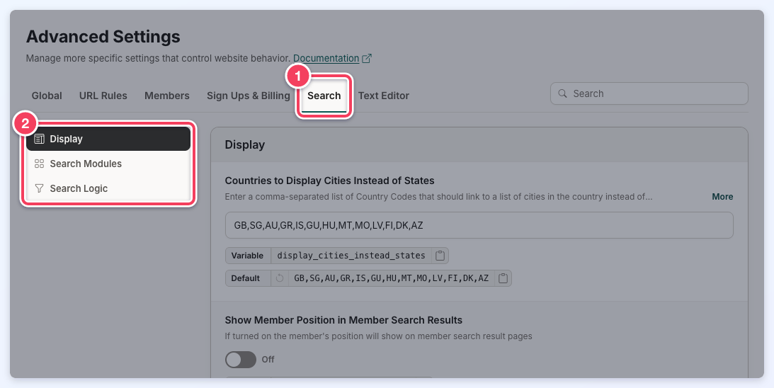 The Search tab selected (1) with its sections Display, Search Modules and Search Logic (2).