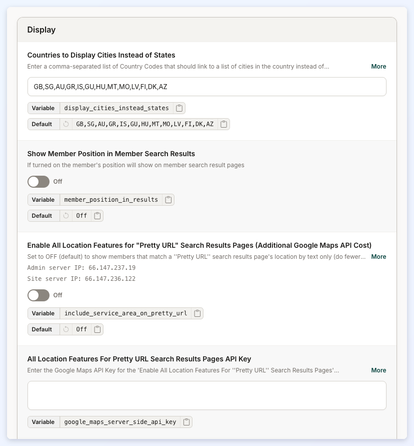 The top of the Display section of the Search tab.