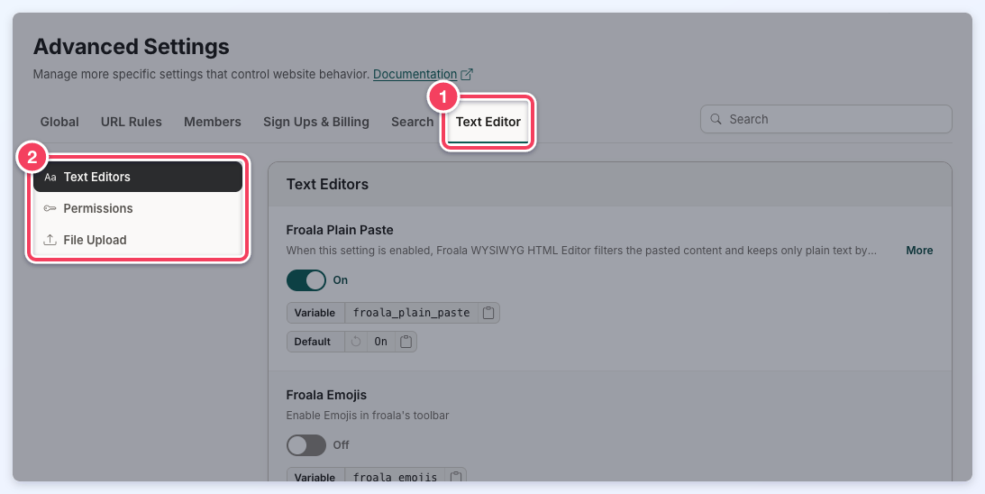 The Text Editor tab selected (1) with its sections Text Editors, Permissions and File Upload (2).