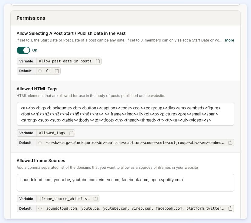 The top of the Permissions section of the Text Editor tab, starting with Allowed HTML Tags.