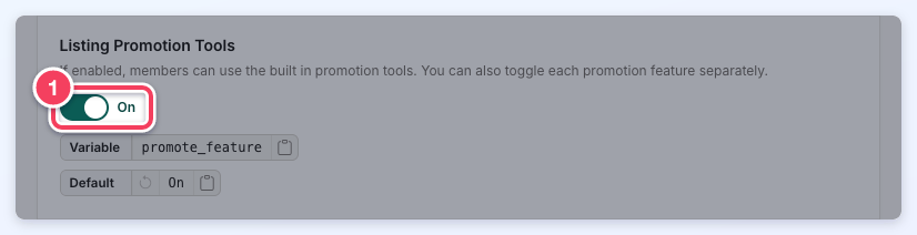 The Listing Promotion Tools switch (1) turned On.