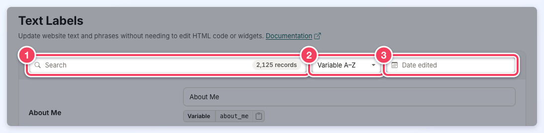 Settings » Text Labels with the Search box and record count (1), the sort menu (2) and the Date edited filter (3).