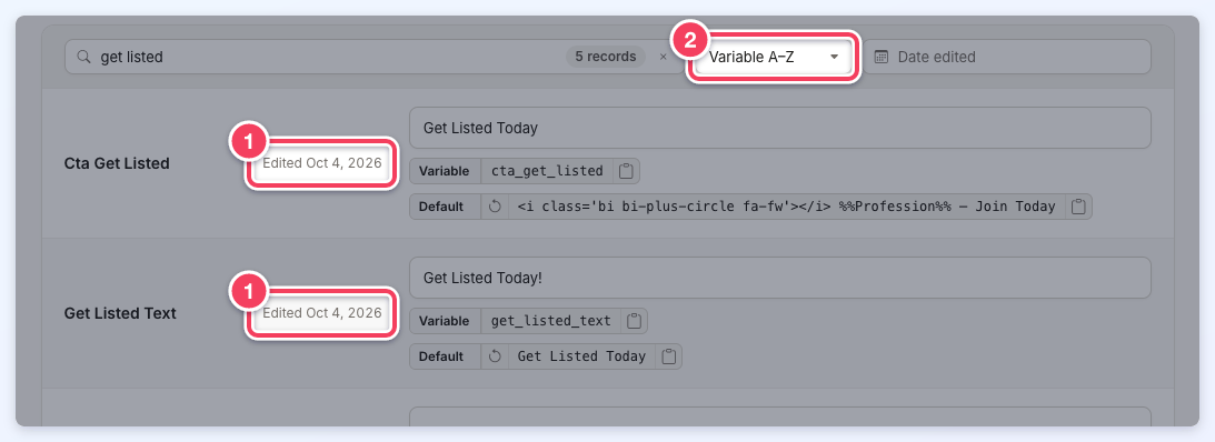 Two labels showing Edited Oct 4, 2026 (1) beside the sort menu set to Variable A–Z (2).