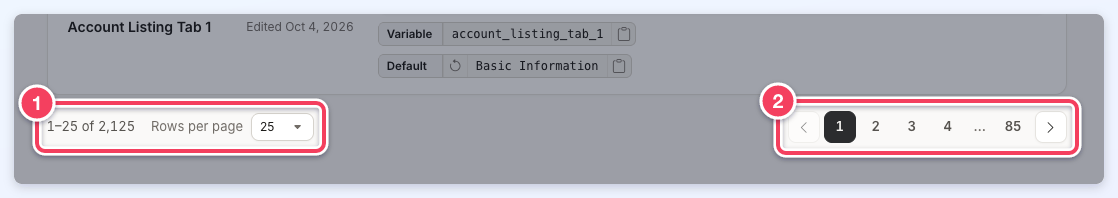 The list footer showing 1–25 of 2,125 with Rows per page set to 25 (1), and the page buttons from 1 to 85 (2).