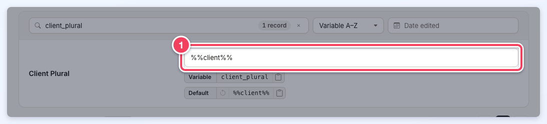 The Client Plural label (variable client_plural) with the text %%client%% (1).