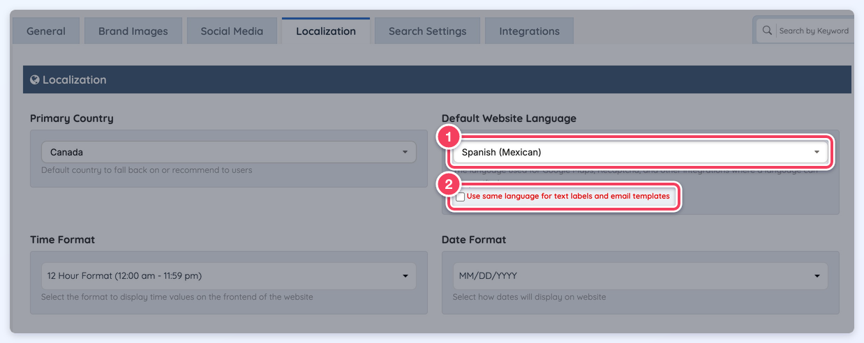General Settings, Localization tab, with Default Website Language set to Spanish (Mexican) (1) and the Use same language for text labels and email templates checkbox (2).
